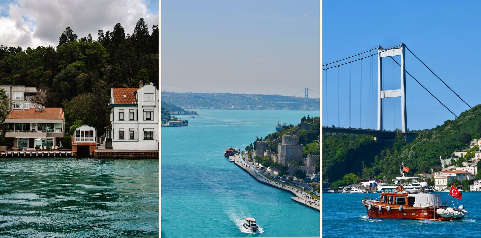 Trois visages du Bosphore : yalıs au bord de l'eau, la forteresse de Rumeli Hisarı sur le détroit, et un bateau traditionnel sous le pont