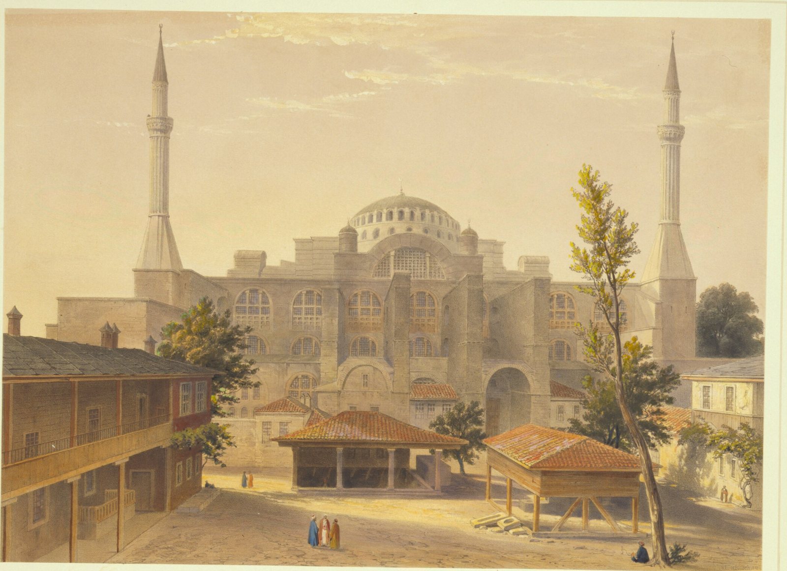 La façade principale de Sainte-Sophie vue de la cour de la médersa, lithographie de l'album Fossati, 1852