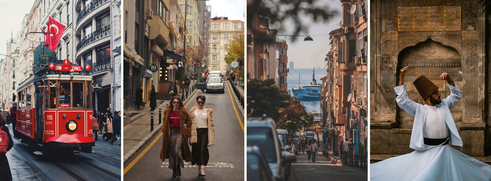 Quatre visages d'Istanbul : le tramway rouge d'İstiklal, la vie de rue, une ruelle descendant vers le Bosphore et un derviche tourneur